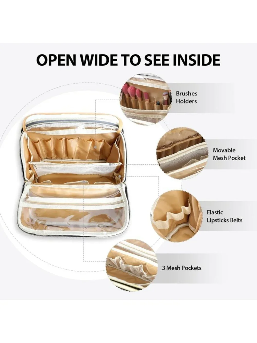 Large Capacity Makeup Bag with Brush Holder & Mirror - Waterproof Travel